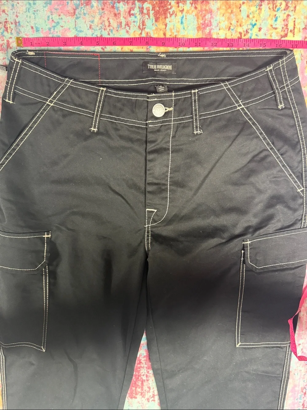 True Religion Black Cargo Jeans with Contrast Stitching